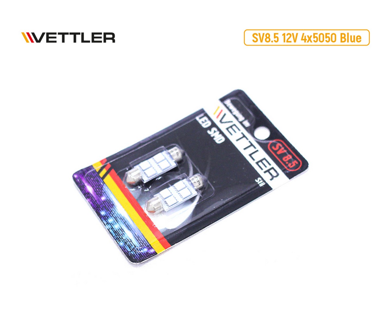 Лампа светодиодная 12 V SV 8.5-4 SMD голубая салонная (пальчиковая) 39мм (к-т 2шт) (VETTLER) фото 1