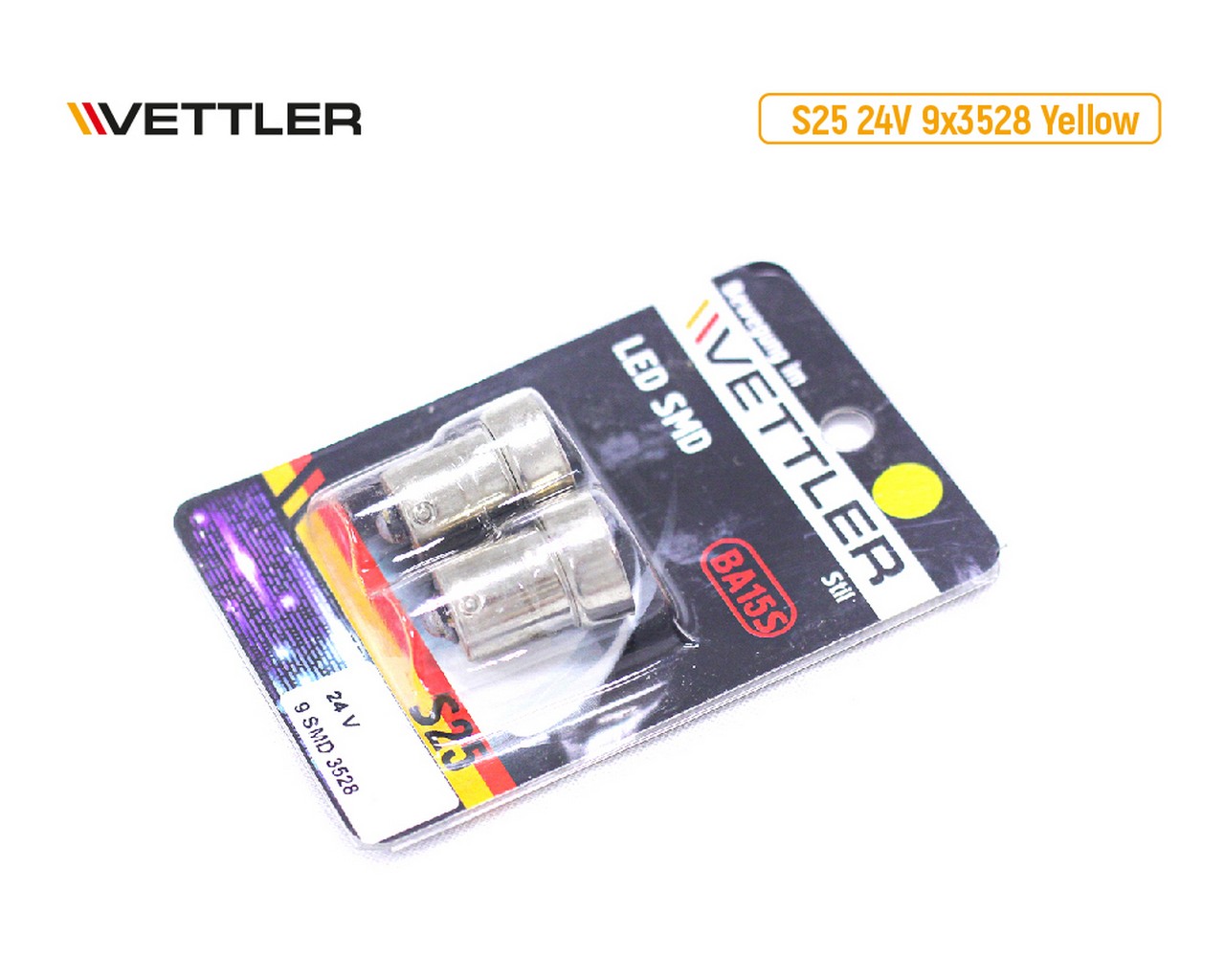 Лампа светодиодная 24 V S25-9 SMD желтая габарит поворот стоп. (к-т 2шт) (VETTLER) фото 1