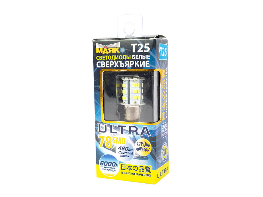 Лампа светодиодная 12V T25/5 78SMD (3014) BA15S WHITE 360° 6000K B-32 МАЯК!!!! фото 1