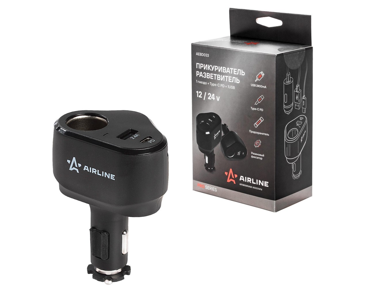 Прикуриватель-разветвитель 1 гнездо + Type-C PD + 1USB 2.4A 30Вт PRO (AIRLINE)