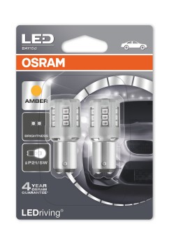 Лампа светодиодная 12 V 21/5 W LED стоп-сигнал, повторитель 2-конт (BAY15d) (блистер 2шт.) (оранж) (Osram) фото 1